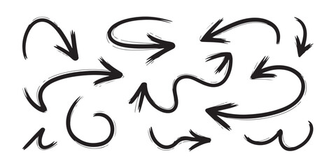 Fototapeta premium Set of black hand-drawn doodle arrows, vector illustration isolated on transparent background for design.