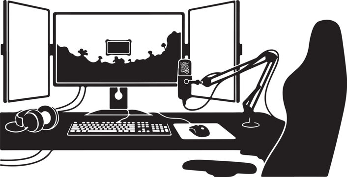 Black silhouette of computer workstation with microphone