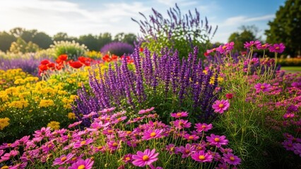 Obraz premium A vibrant and colorful flower garden on a sunny day with blue sky