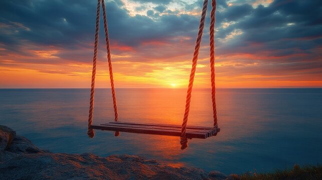 Empty wooden swing at sunset over ocean cliff
