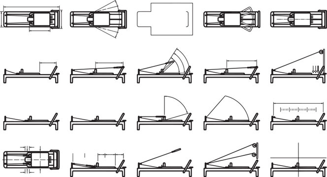 A collection of detailed technical drawings, showcasing various angles and aspects of adjustable bed design.