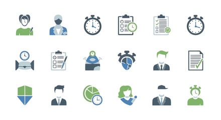 Fototapeta premium Streamlined vector icon set for modern business, productivity, and time management, featuring user profiles, task checklists, and data security in a sleek flat design style
