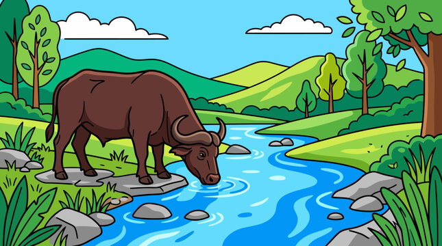 A brown buffalo drinks water from a blue river in a green landscape.
