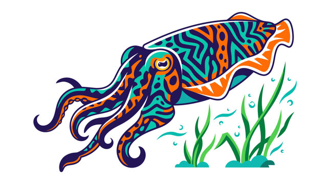 Colorful Cuttlefish Illustration with Tentacles and Fins.