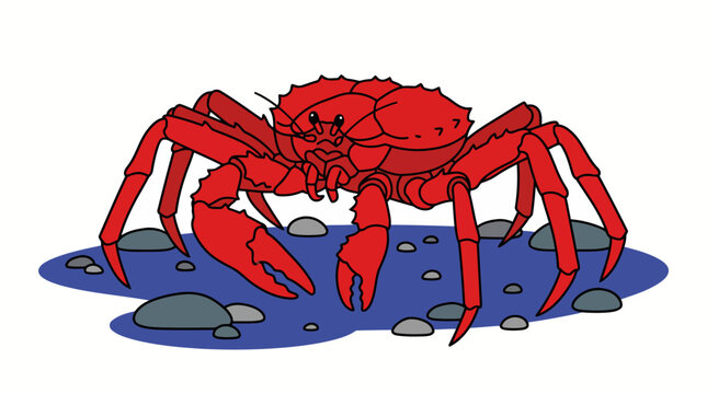 Bright Red Crab Standing on Rocks in Water.