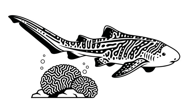 Illustration of a Zebra Shark swimming near coral reefs.