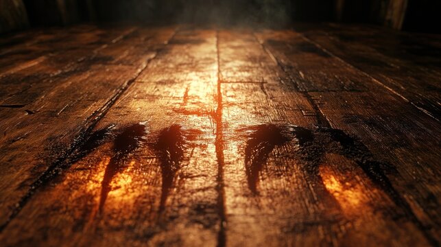 Rustic wooden table, shadowed figures, dark room, product display