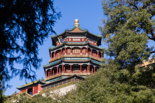 Summer Palace's Tower of Buddhist Incense, highest point of the Summer Palace, an architectural centerpiece of the imperial garden in Beijing, China.