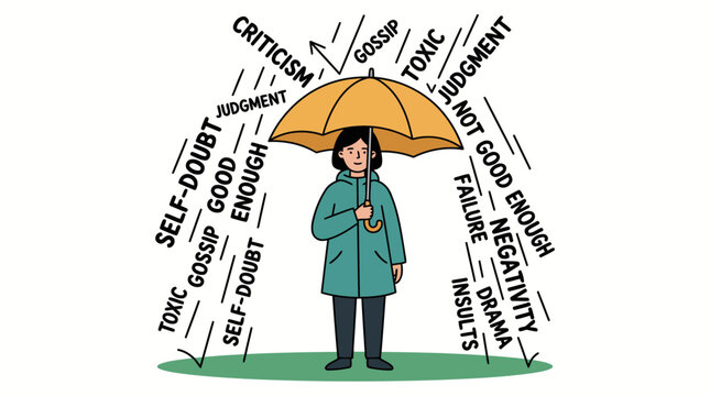 Person holding umbrella protecting from negative words and emotions.