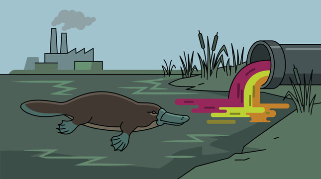 Platypus swims in polluted water near industrial pipe.