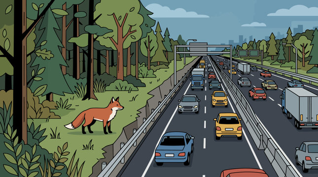 Fox standing near a busy highway in a forest.