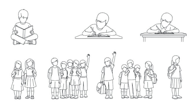 Minimalist school children line art collection, primary students studying and reading vector set, black and white outline illustrations of pupils