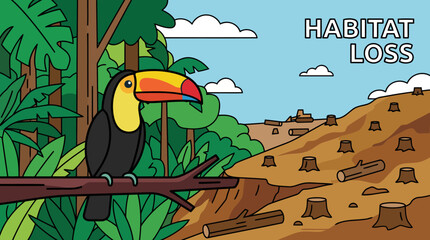 Fototapeta premium Toucan sits on a branch in a deforested area showing habitat loss.