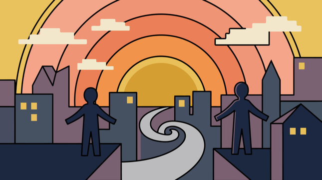 Two figures stand on rooftops overlooking a city at sunset.