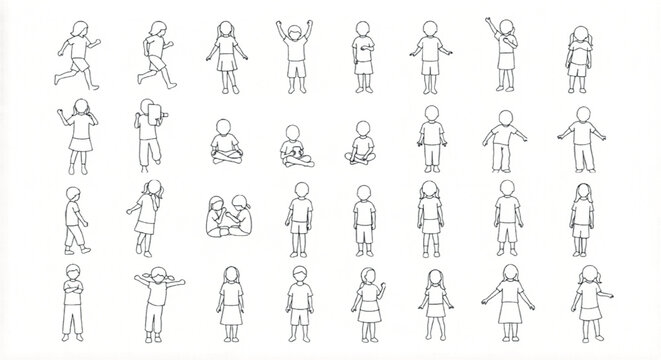 Minimalist line art children silhouettes, set of 31 hand drawn kids vector icons, architectural scale figures for rendering and site plans