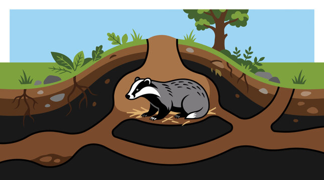 Badger in its underground sett home illustration.