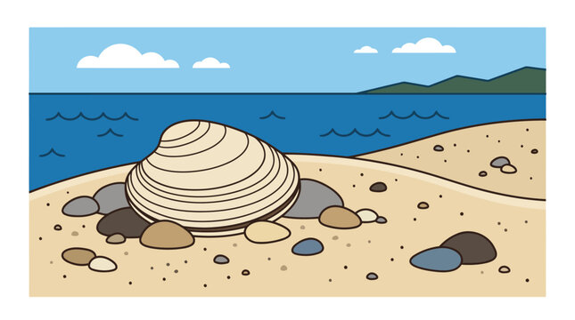 Seashell on sandy beach with ocean waves and distant hills.