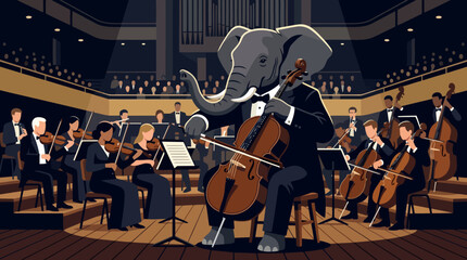 Fototapeta premium Elephant playing cello in orchestra surreal concept.