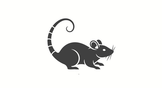 Stylized gray mouse with curled striped tail illustration; modern vector rodent isolated on white background for logo or graphic design use