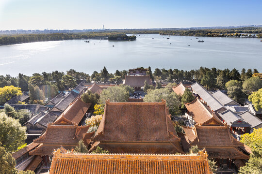 View of Summer Palace Kunming lake from the elevated Tower of Buddhist Incense in Beijing, China