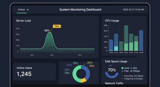 System monitoring dashboard displaying server load CPU usage disk space network traffic and active users in real-time