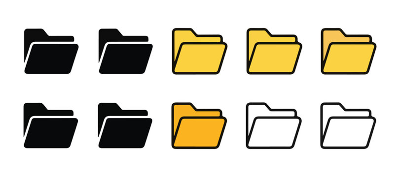 Mix of solid black and yellow folder icons with outline styles for categorization in digital filing systems.