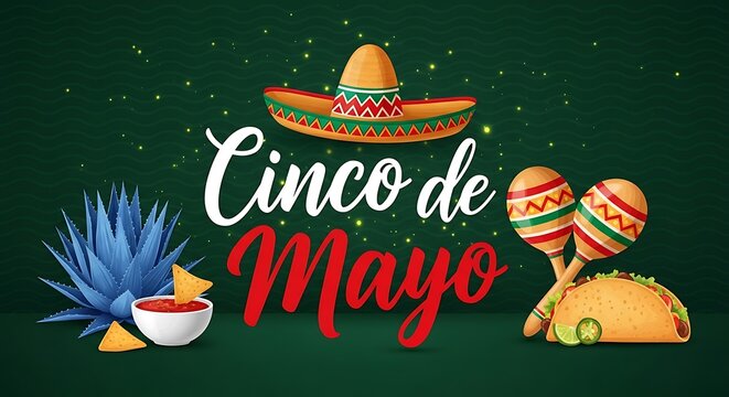 Cinco de Mayo festive banner with sombrero maracas and delicious tacos on a dark green textured background with sparkles
