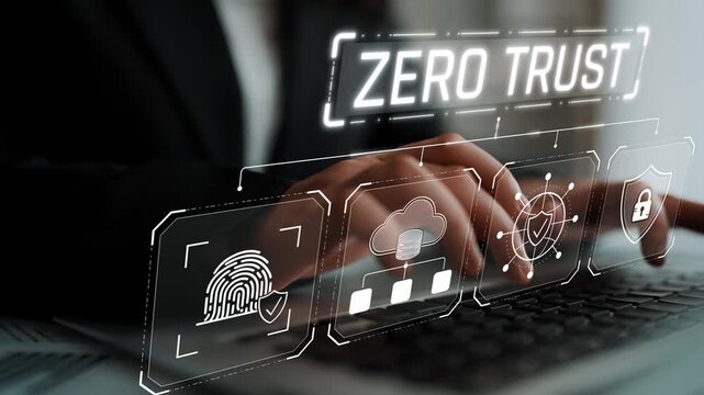 Businessman Using Laptop with Zero Trust Concept and Security Icons for Cybersecurity Strategy and Digital Transformation in Modern Workspace Sigmoid