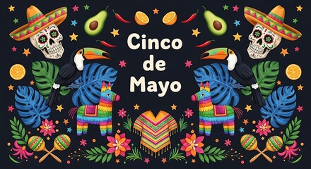 Obraz premium Cinco de mayo festive pattern with skulls toucans avocados and tropical flowers on dark background for holiday party invitation