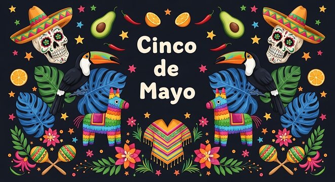 Cinco de mayo festive pattern with skulls toucans avocados and tropical flowers on dark background for holiday party invitation