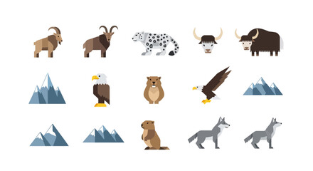 Obraz premium Collection of Flat Design Mountain Animals and Landscapes Vector Icons