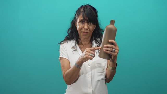 Senior hispanic woman points finger to pottery bottle held at chest height in studio while wearing rings and bracelet; curiosity product demonstration.