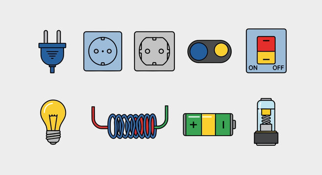 Modern flat design vector illustration of essential electrical components, including power plugs, wall sockets, switches, a light bulb, battery, and an electrical coil