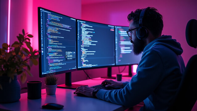 Developer Workspace Glowing Code Screens Wide Angle View