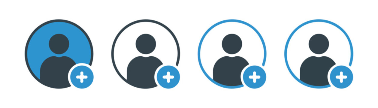 Set of four user profile icons with a plus sign in a blue circle and solid color silhouette.