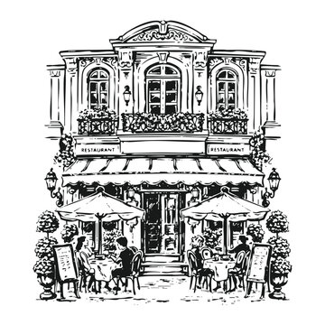 Vintage Hand-Drawn European Cafe and Outdoor Restaurant Illustration