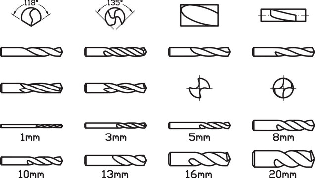 Detailed illustrations of various drill bits and their specifications, highlighting their diverse designs and dimensions for various drilling purposes.
