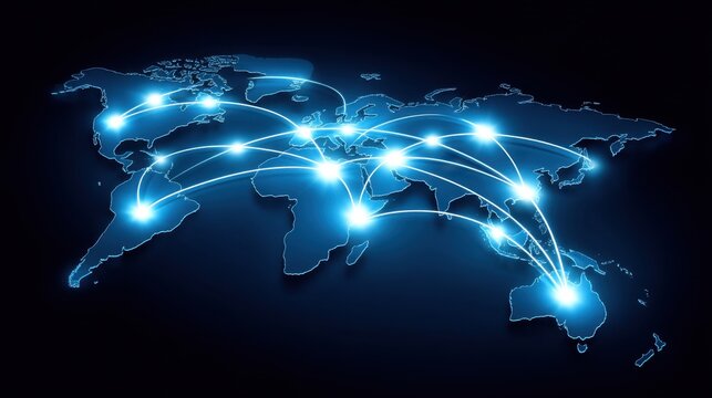 Global Network Connectivity Visualization for Digital Communication and Data Exchange with Illuminated Connections Across Continents and Regions