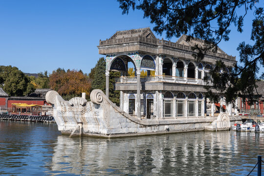 The Marble Boat in Summer Palace Beijing China features Western-style architecture, with an exterior designed to resemble a paddle steamer.
