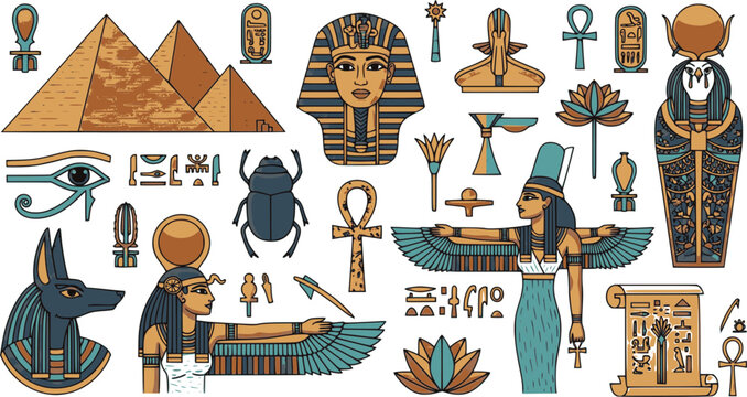 Collection of ancient Egypt culture and mythology elements, flat cartoon style .