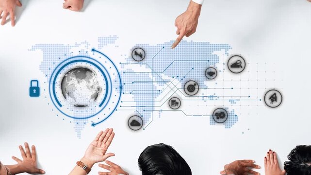 A diverse team participates in a collaborative business meeting focused on global data security, analyzing strategies and innovative solutions for effective protection. Raster