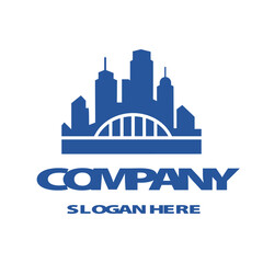 Obraz premium Blue Cityscape Skyline Logo with Bridge Silhouette for Urban Development and Real Estate Branding Vector Illustration