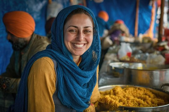 Sikh woman serving langar meal with warm smile during Vaisakhi
