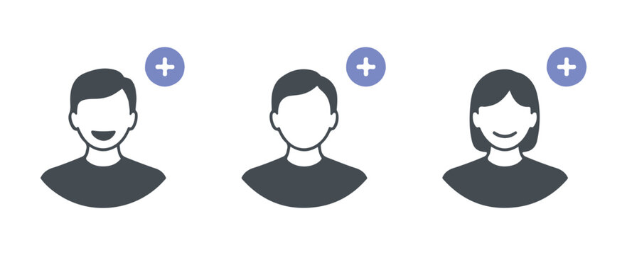 Human avatar illustration set featuring male and female faces with add member icon button interface.