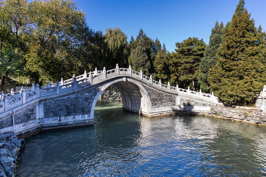 An arch bridge within the serene Kunming lake in Summer Palace, Beijing, China