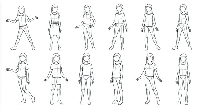 Fashion croquis girl templates, set of 12 female child body outlines for apparel design, technical drawing mannequin vectors for kids clothing