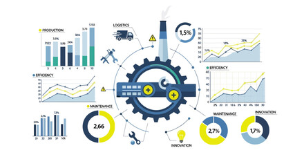 Fototapeta premium Industrial Technology Infographic: Gear, Charts, Data, Analytics, Manufacturing, Logistics