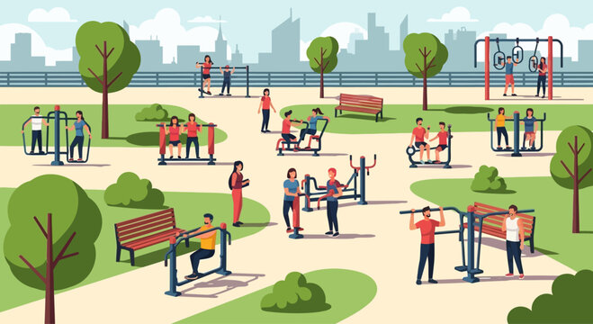 People exercising in outdoor park gym with cityscape background