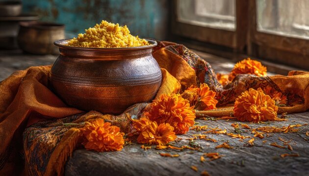 Still life of a sparkling bronze Degh filled with sweetened semolina (Karah Prasad), covered with a fresh orange cloth and fresh marigold petals scattered around it, 