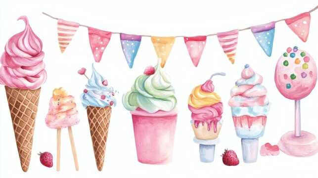 Watercolor illustration of assorted ice cream cones and popsicles with colorful bunting garland and candy dots on white background, playful summer party vibe.